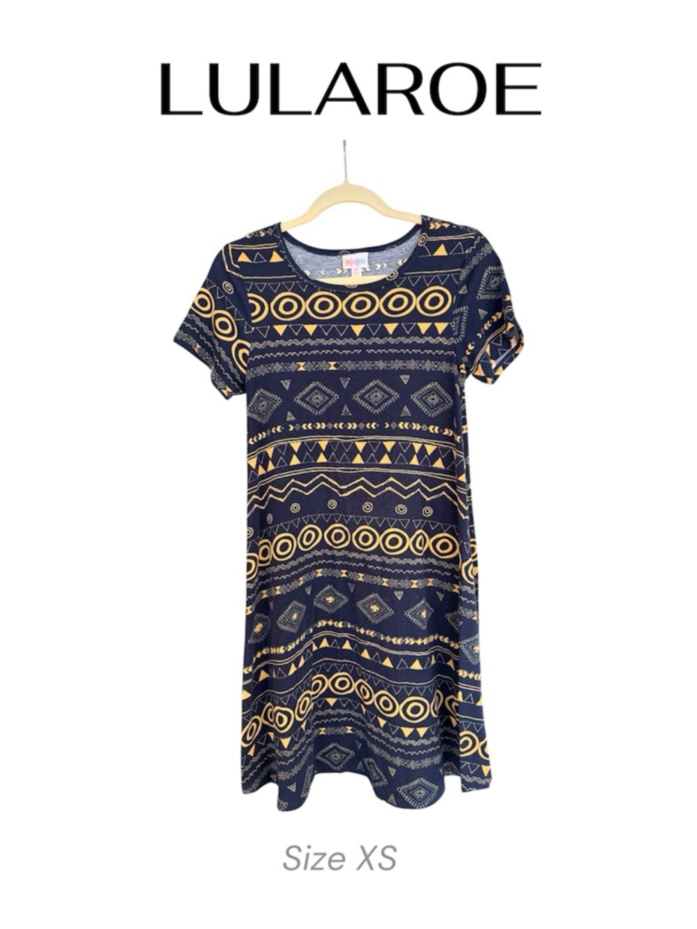 LuLaRoe Carly Navy Blue & Yellow Aztec Print Dress